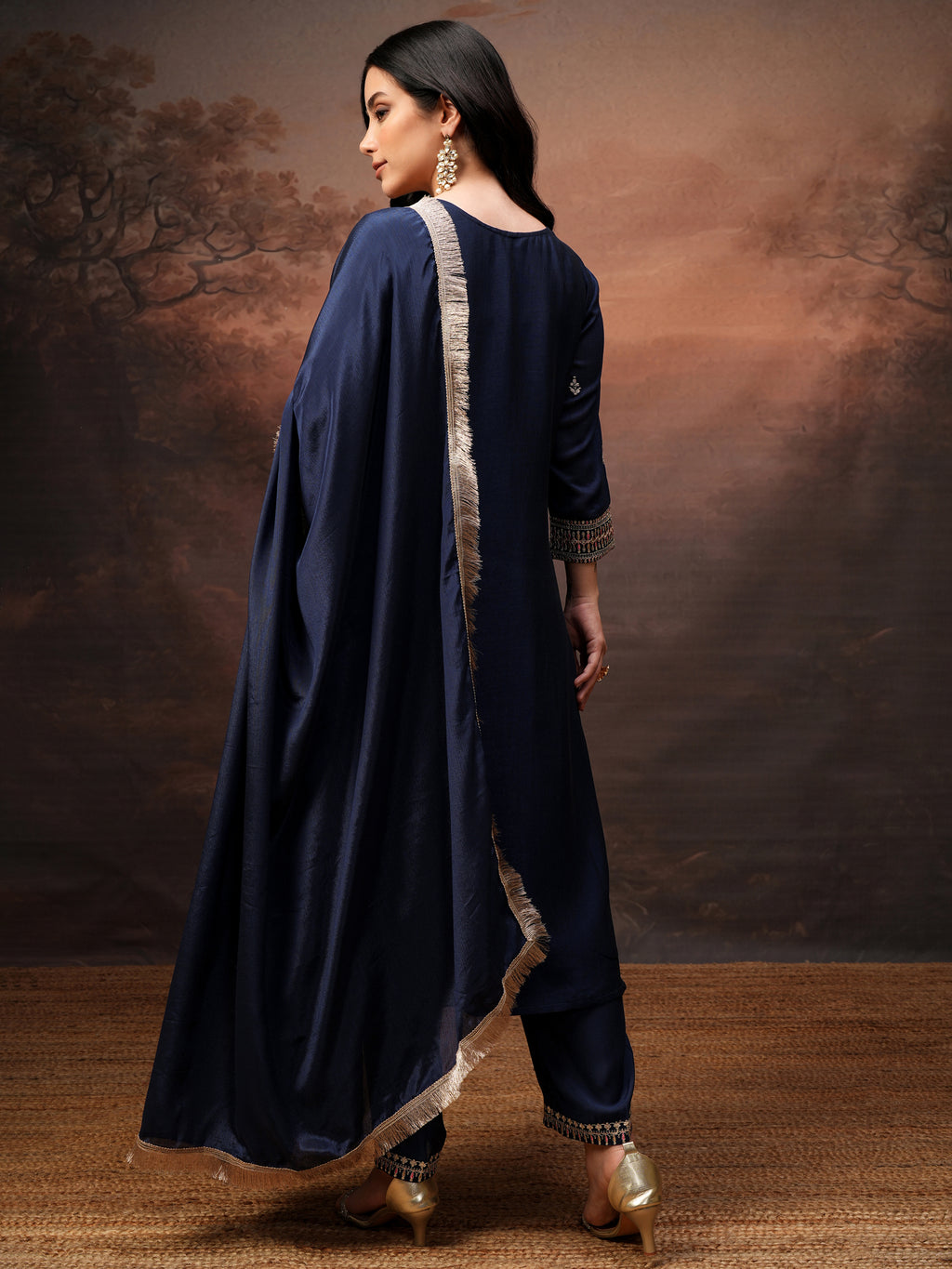 Vishudh Women Purple Embroidered Kurta With Palazzo And Dupatta - Purple - Image 3