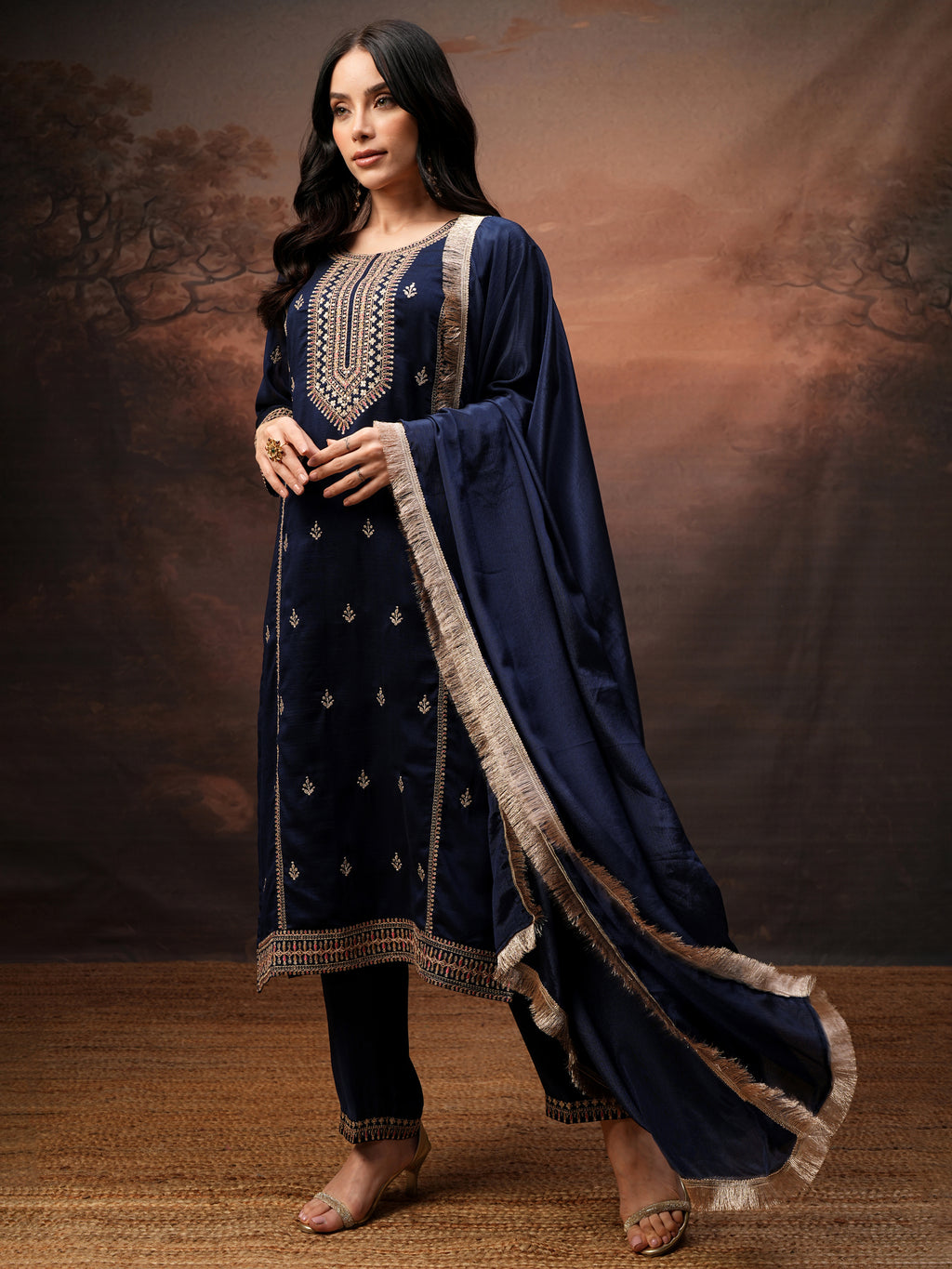 Vishudh Women Purple Embroidered Kurta With Palazzo And Dupatta - Purple - Image 4