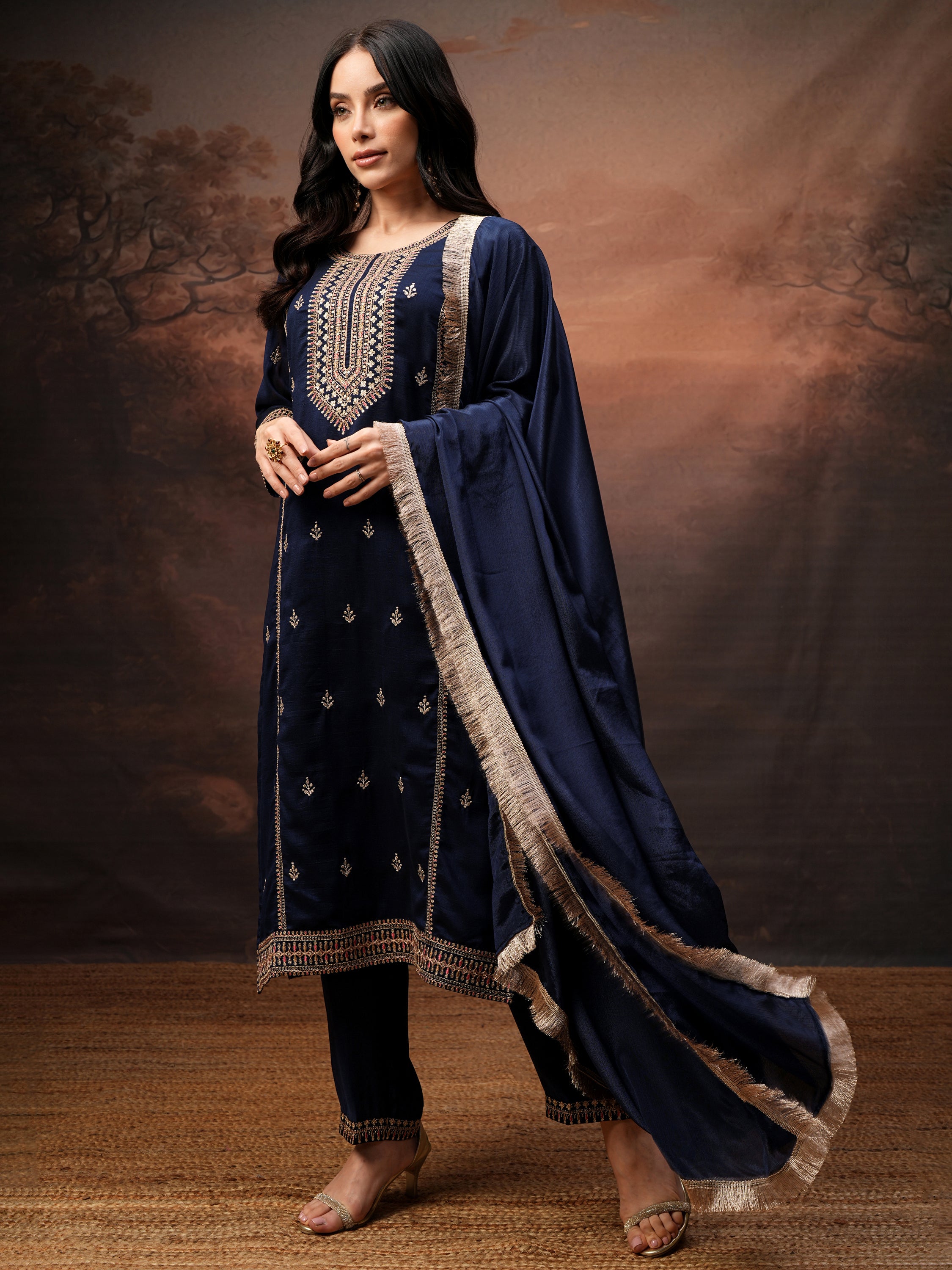 Vishudh Women Purple Embroidered Kurta With Palazzo And Dupatta - Purple - Image 4