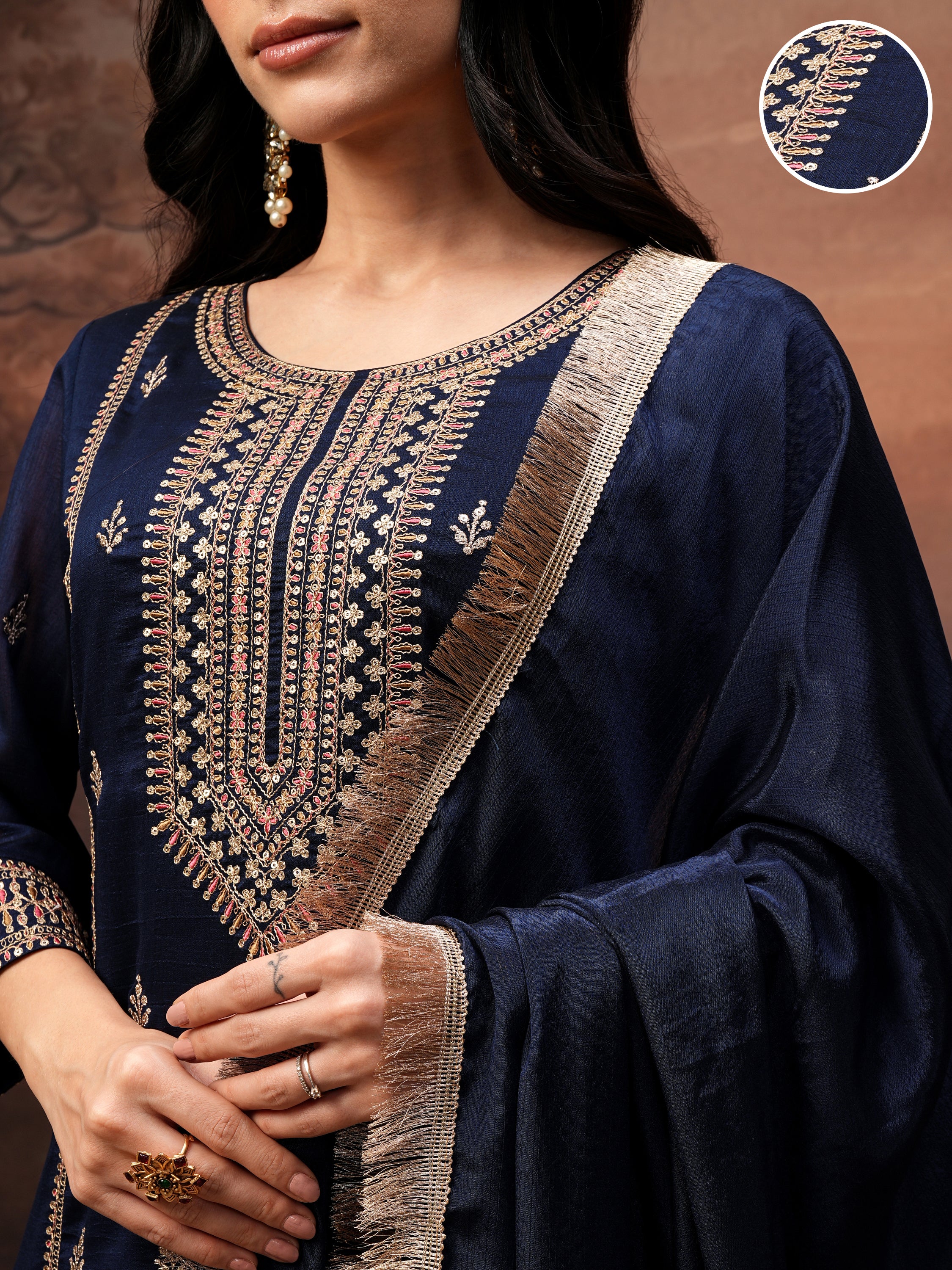 Vishudh Women Purple Embroidered Kurta With Palazzo And Dupatta - Purple - Image 5