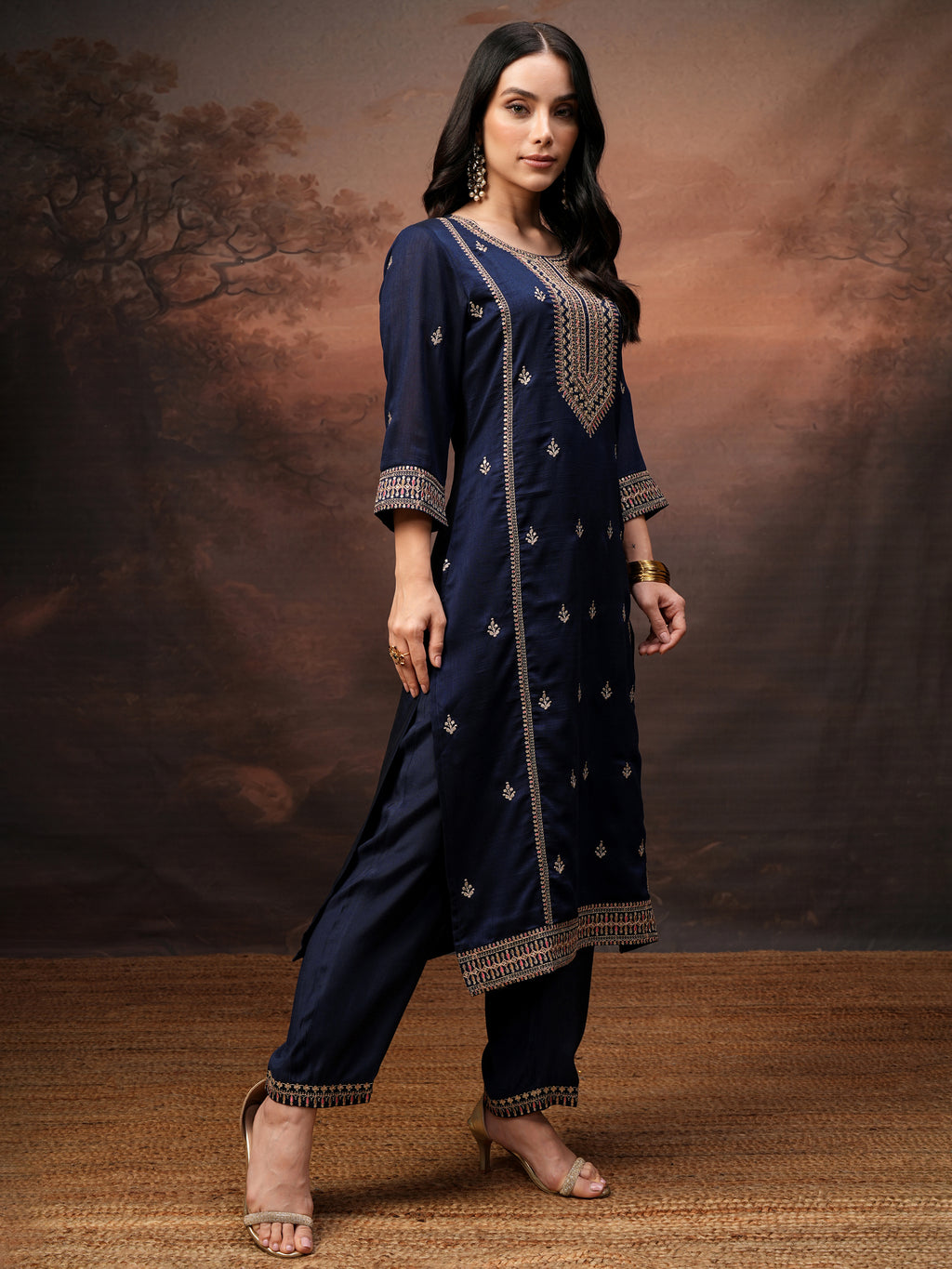 Vishudh Women Purple Embroidered Kurta With Palazzo And Dupatta - Purple - Image 6