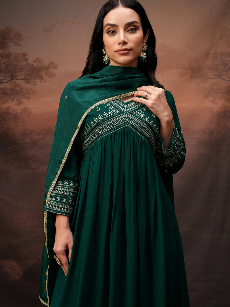 Vishudh Women Teal Embroidered Kurta With Palazzo And Dupatta - Teal - Image 1