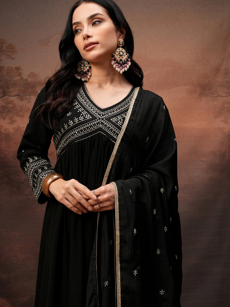 Vishudh Women Black Embroidered Kurta With Palazzo And Dupatta - Black - Image 1