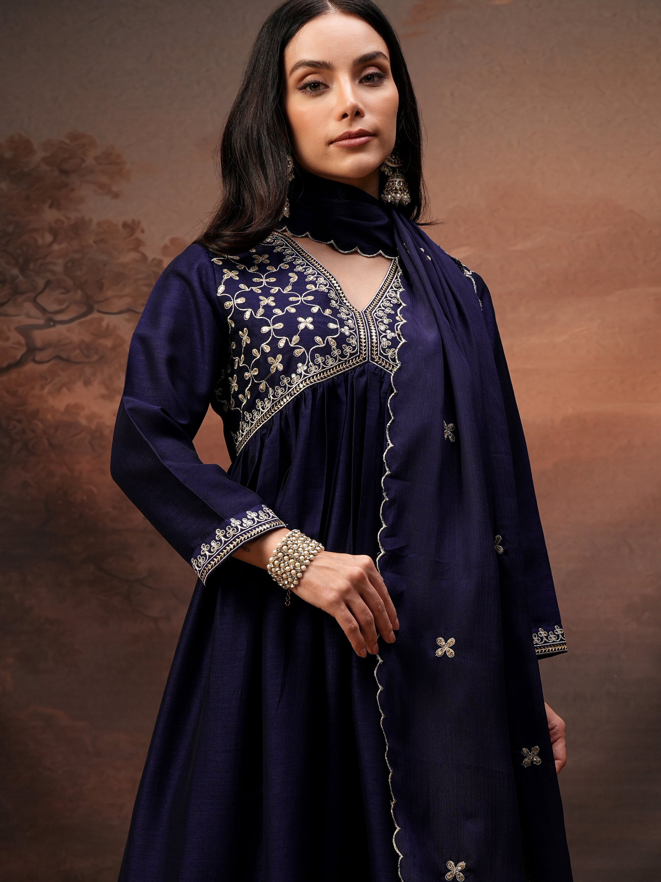 Vishudh Women Purple Embroidered Kurta With Palazzo And Dupatta - Purple - Image 1