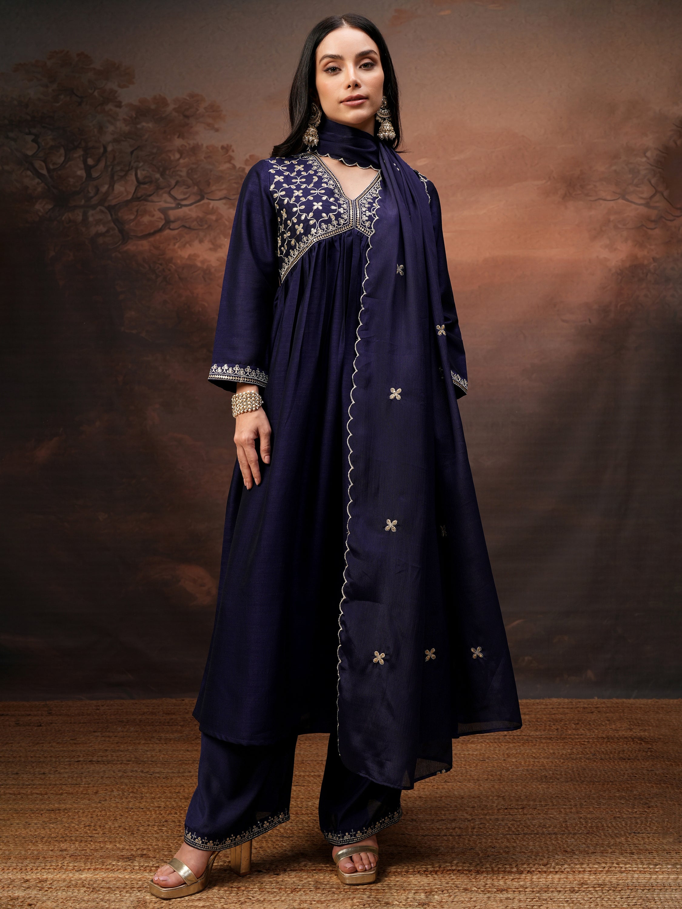 Vishudh Women Purple Embroidered Kurta With Palazzo And Dupatta - Purple - Image 2