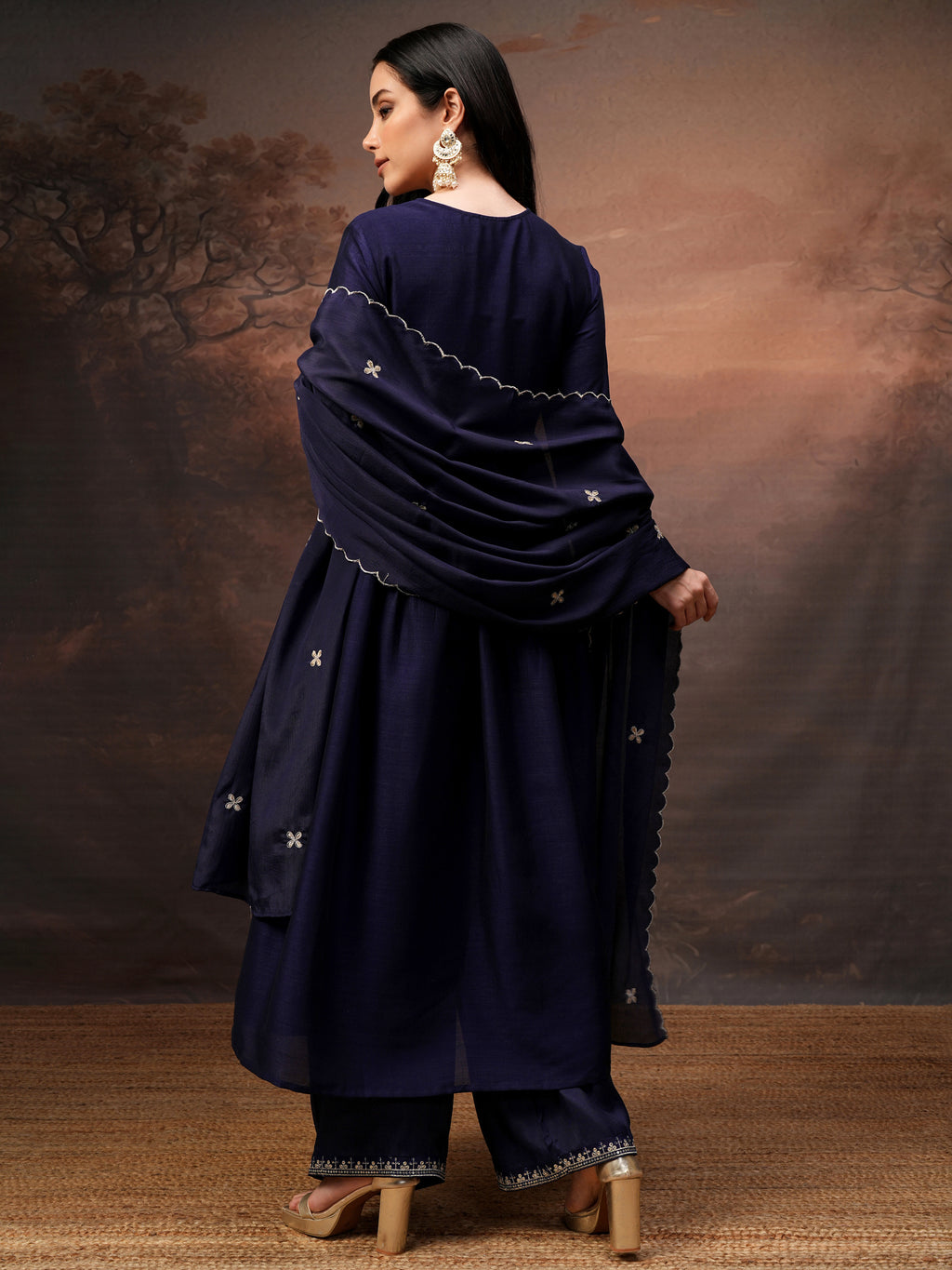 Vishudh Women Purple Embroidered Kurta With Palazzo And Dupatta - Purple - Image 3