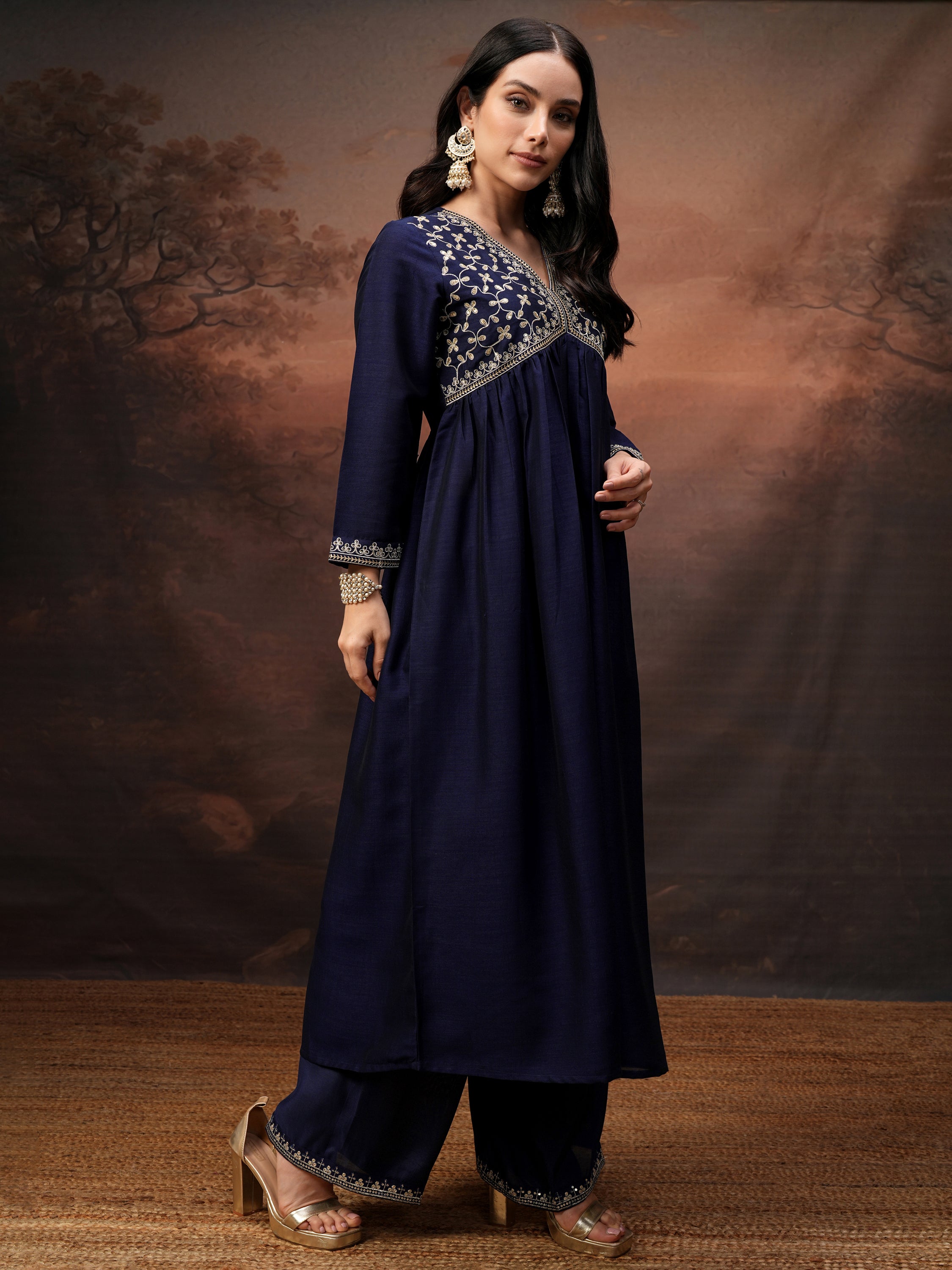 Vishudh Women Purple Embroidered Kurta With Palazzo And Dupatta - Purple - Image 6