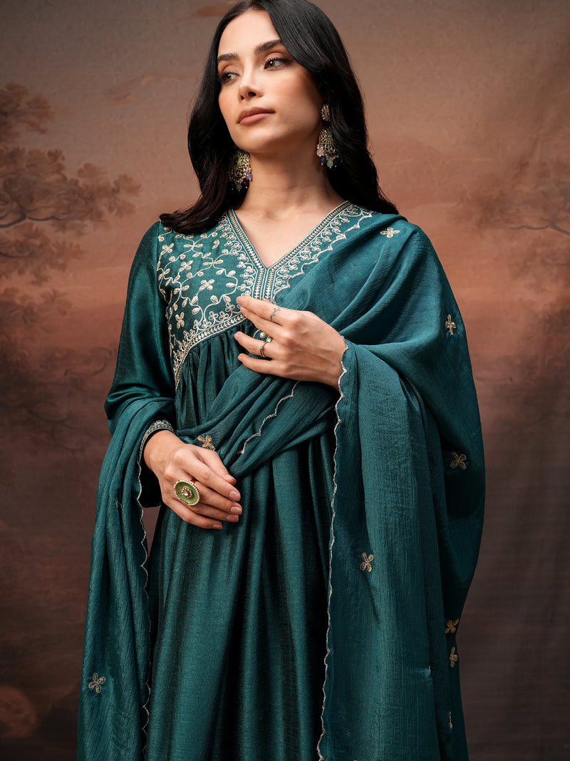 Vishudh Women Teal Embroidered Kurta With Palazzo And Dupatta - Teal - Image 1