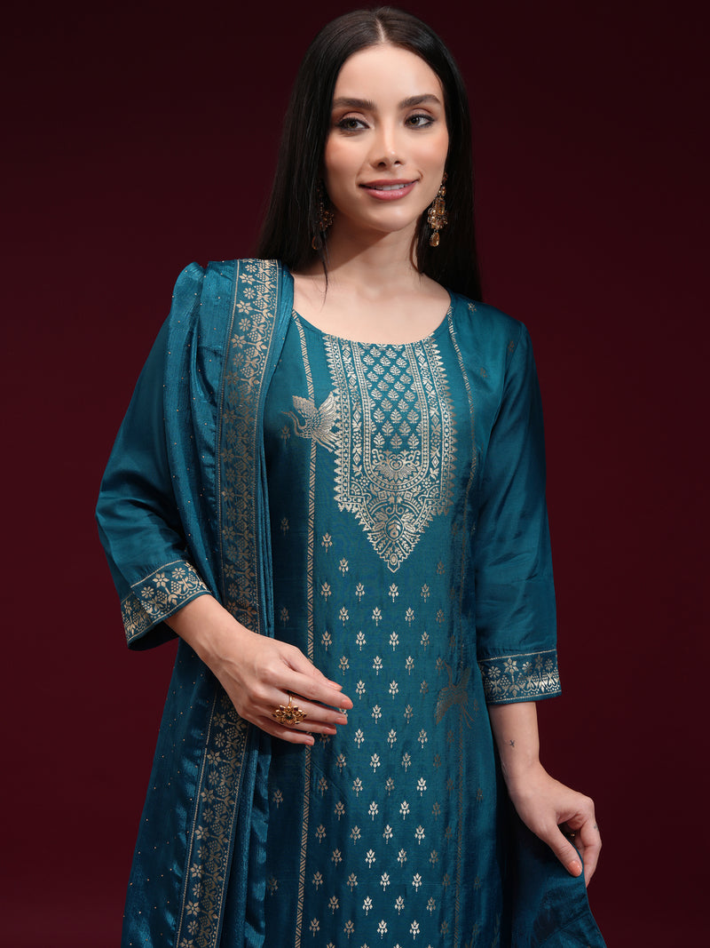 Vishudh Women Teal Printed Kurta With Palazzo And Dupatta - Teal - Image 1