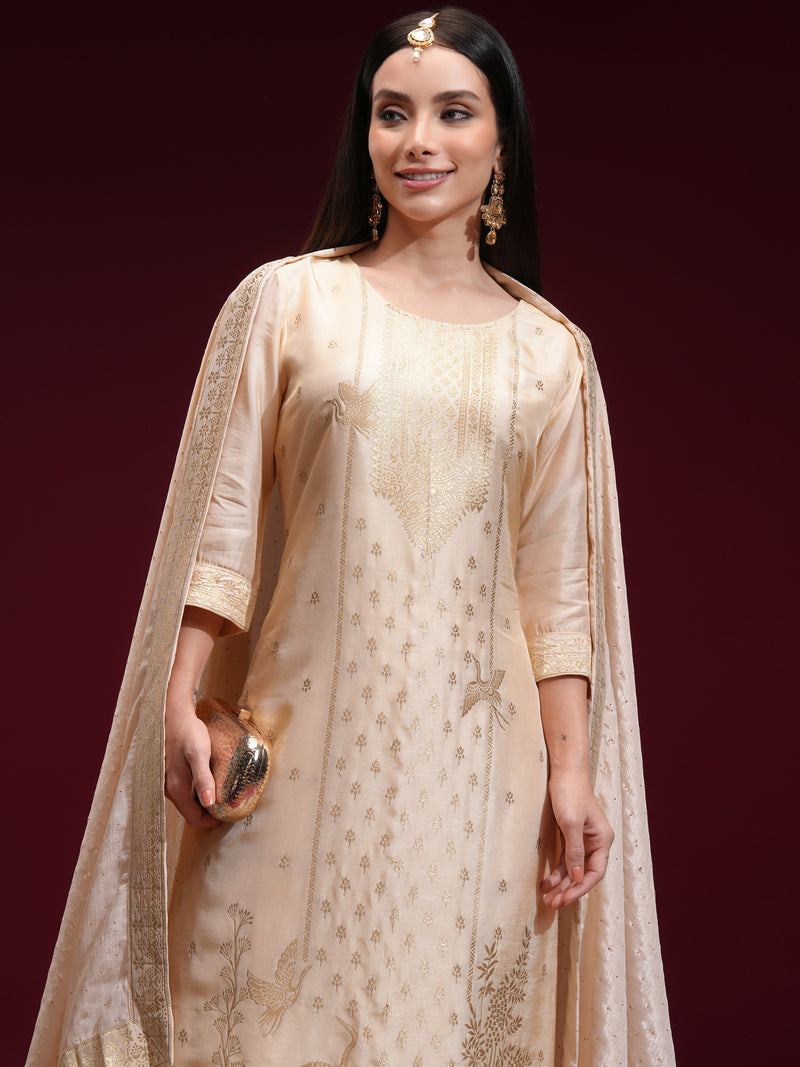 Vishudh Women Beige Printed Kurta With Palazzo And Dupatta - Beige - Image 1