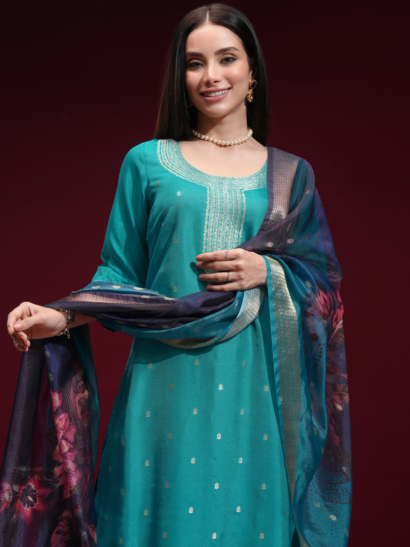 Vishudh Women Turquoise Printed Kurta With Palazzo And Dupatta - Turquoise - Image 1