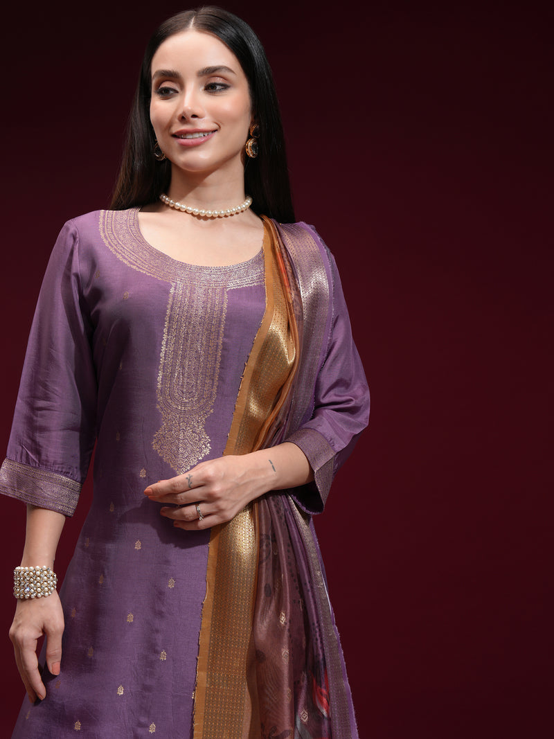 Vishudh Women Purple Printed Kurta With Palazzo And Dupatta - Purple - Image 1
