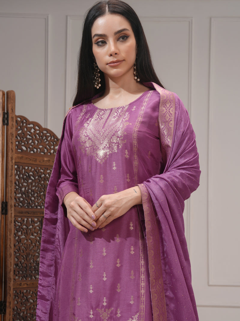 Vishudh Women Mauve Printed Kurta With Palazzo And Dupatta - Mauve - Image 1