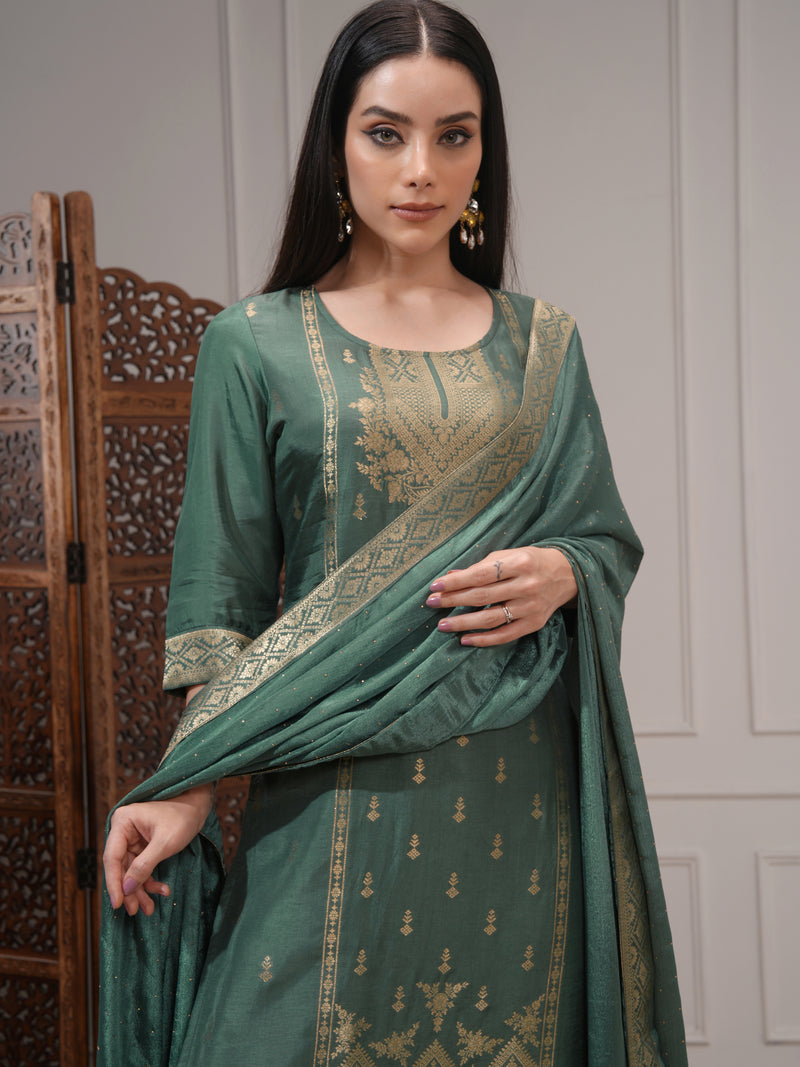 Vishudh Women Green Printed Kurta With Palazzo And Dupatta - Green - Image 1