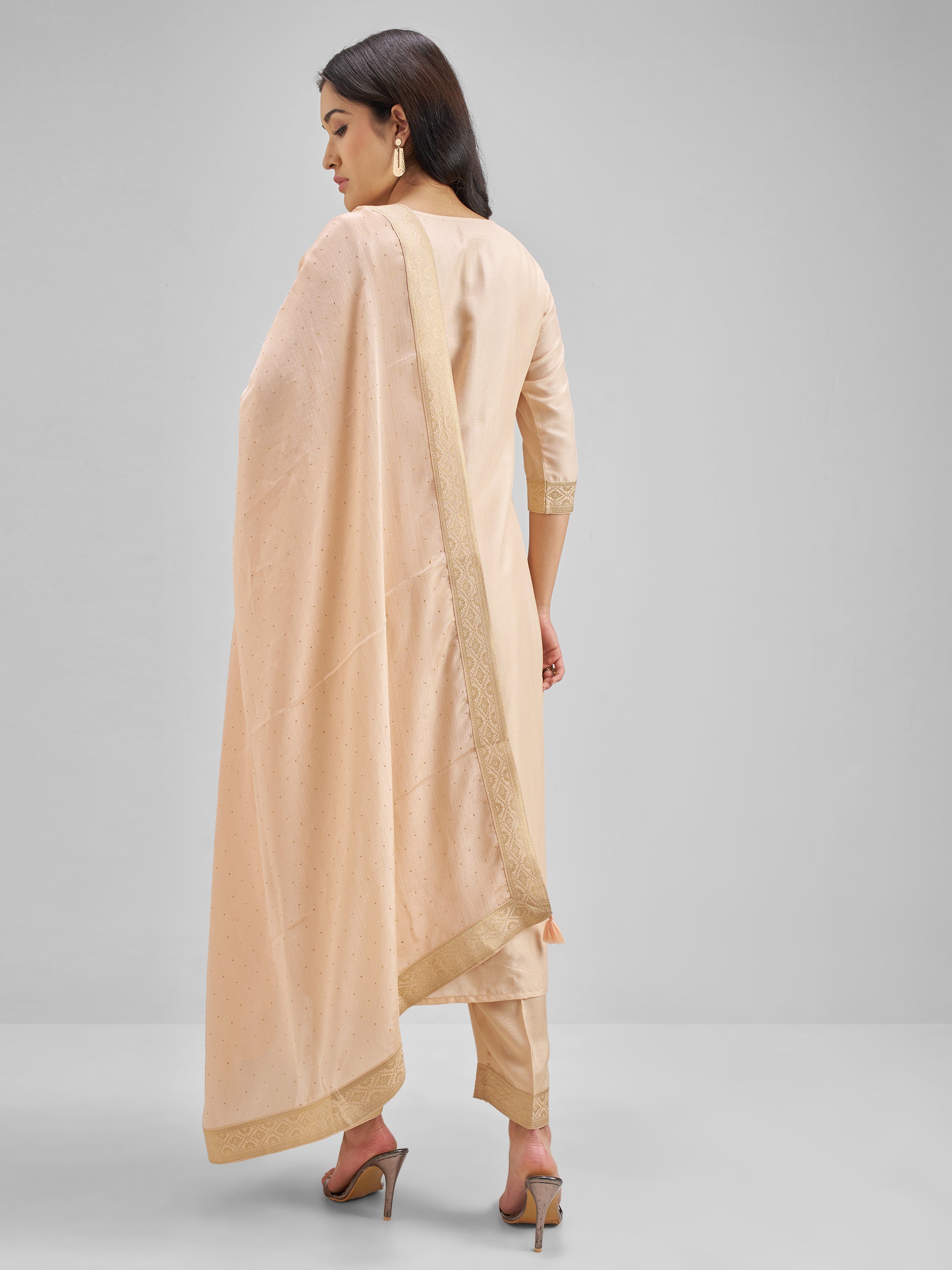 Vishudh Women Peach Embroidered Kurta With Trouser And Dupatta - Peach - Image 3