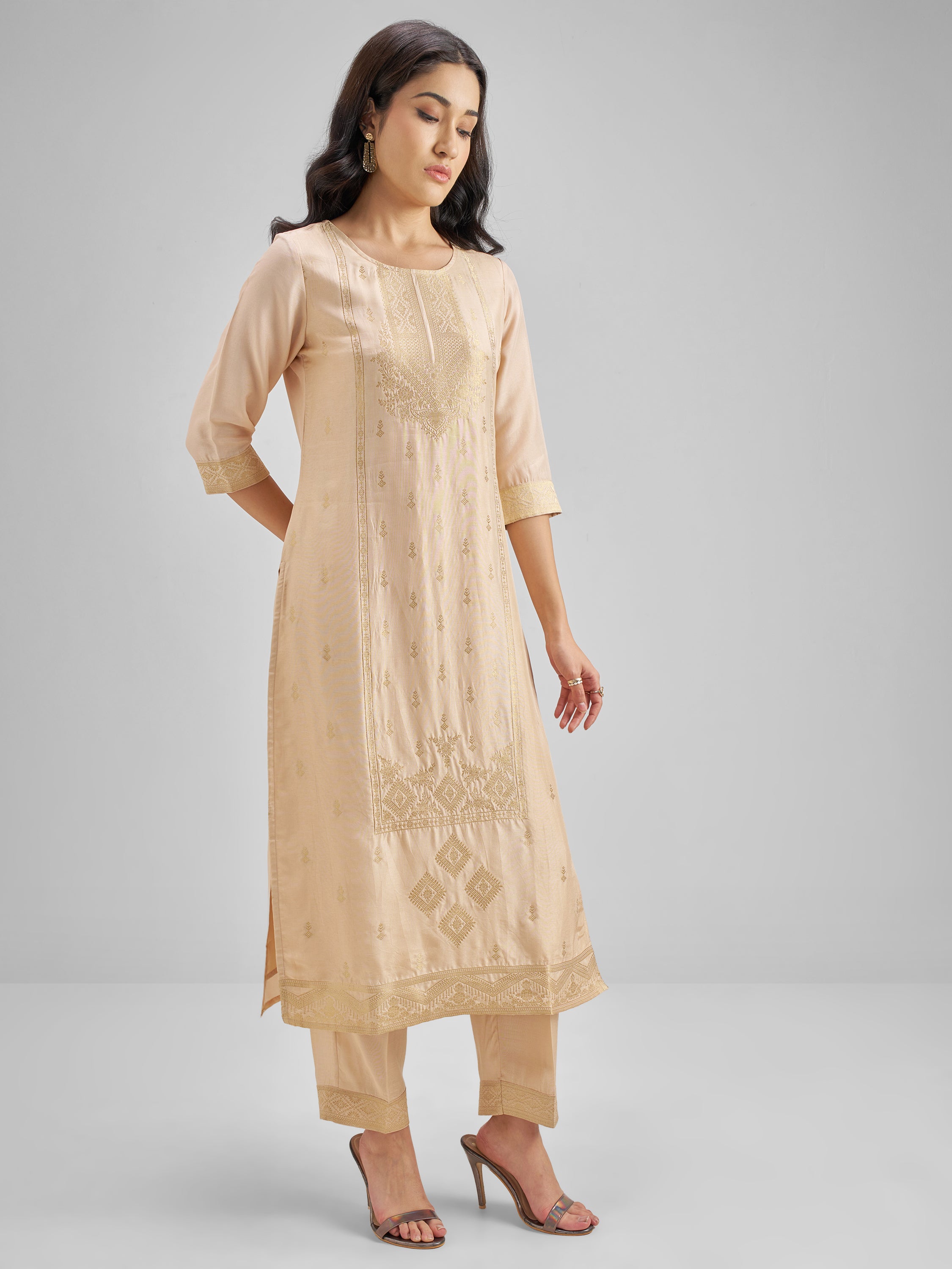 Vishudh Women Peach Embroidered Kurta With Trouser And Dupatta - Peach - Image 4