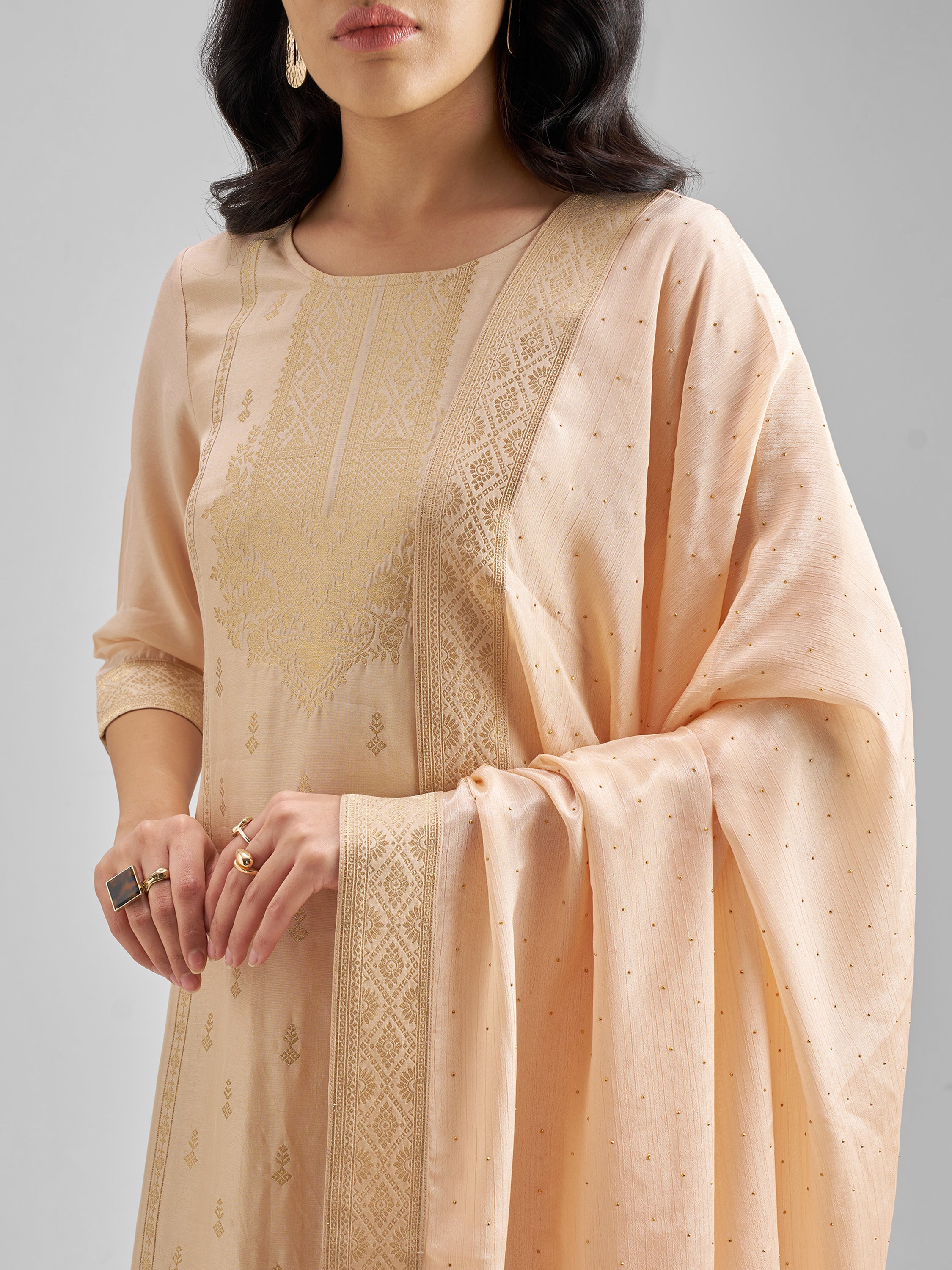 Vishudh Women Peach Embroidered Kurta With Trouser And Dupatta - Peach - Image 5