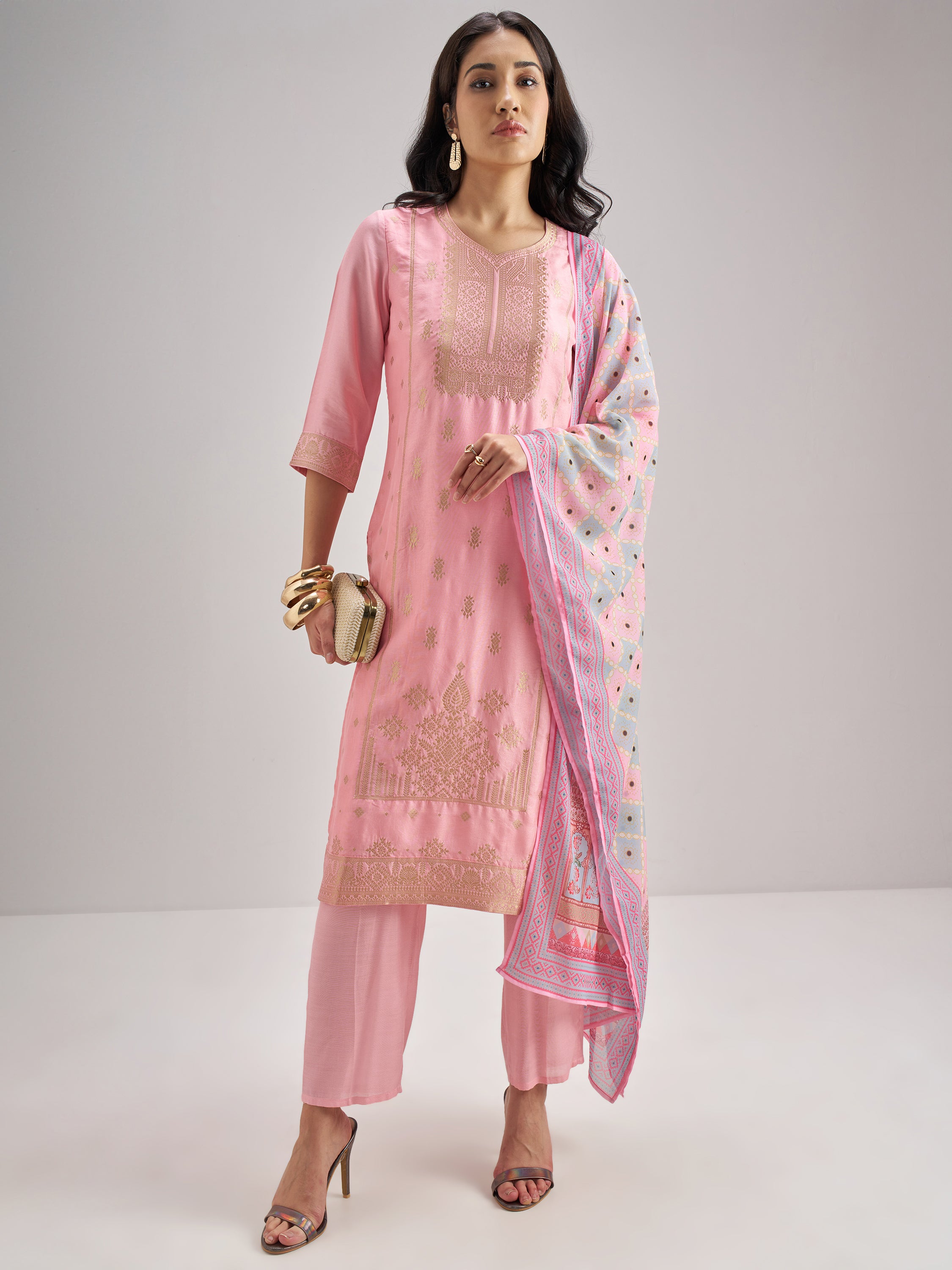 Vishudh Women Pink Embroidered Kurta With Trouser And Dupatta - Pink - Image 1