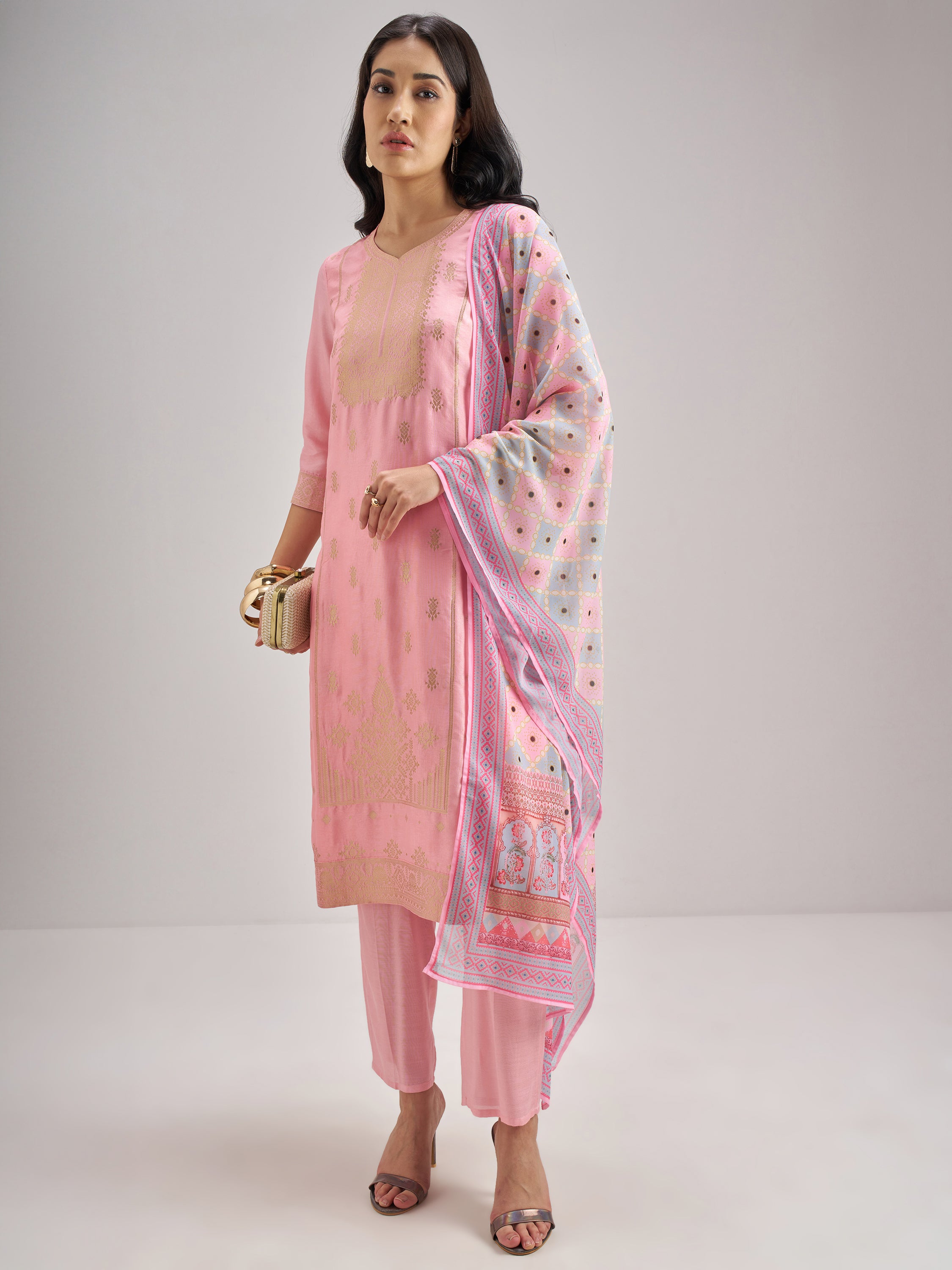 Vishudh Women Pink Embroidered Kurta With Trouser And Dupatta - Pink - Image 2