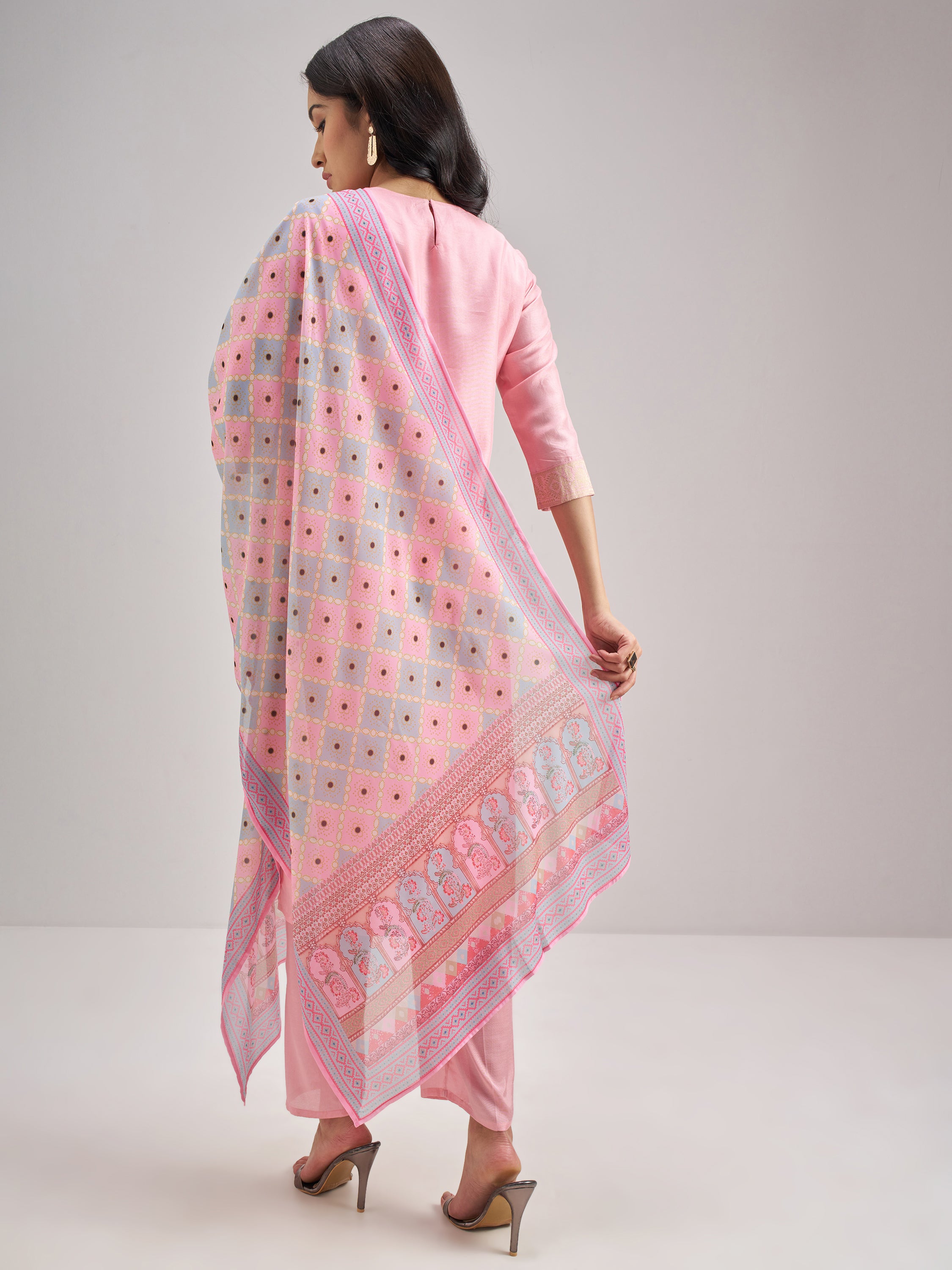 Vishudh Women Pink Embroidered Kurta With Trouser And Dupatta - Pink - Image 3