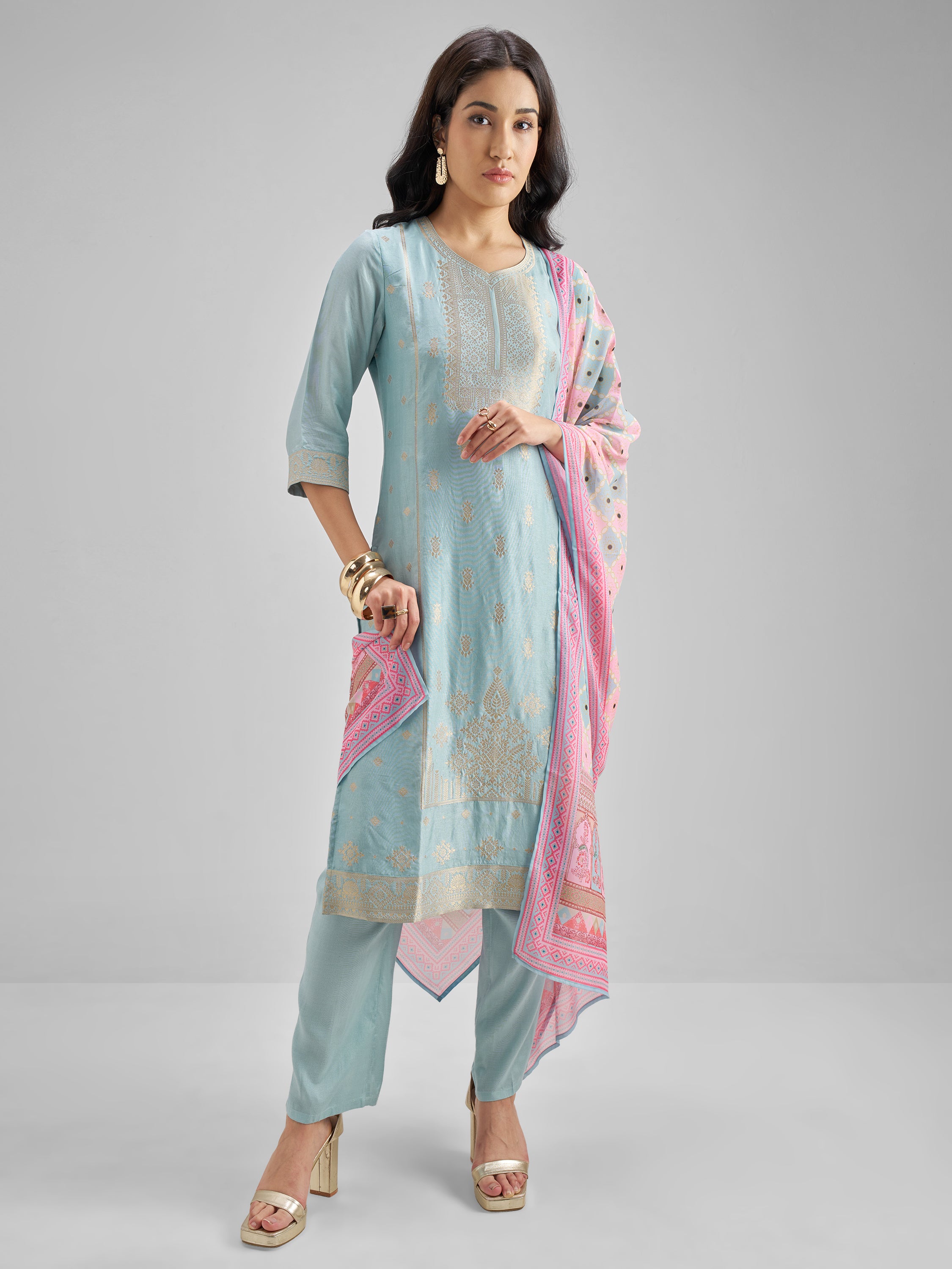 Vishudh Women Blue Embroidered Kurta With Trousers And Dupatta - Blue - Image 1