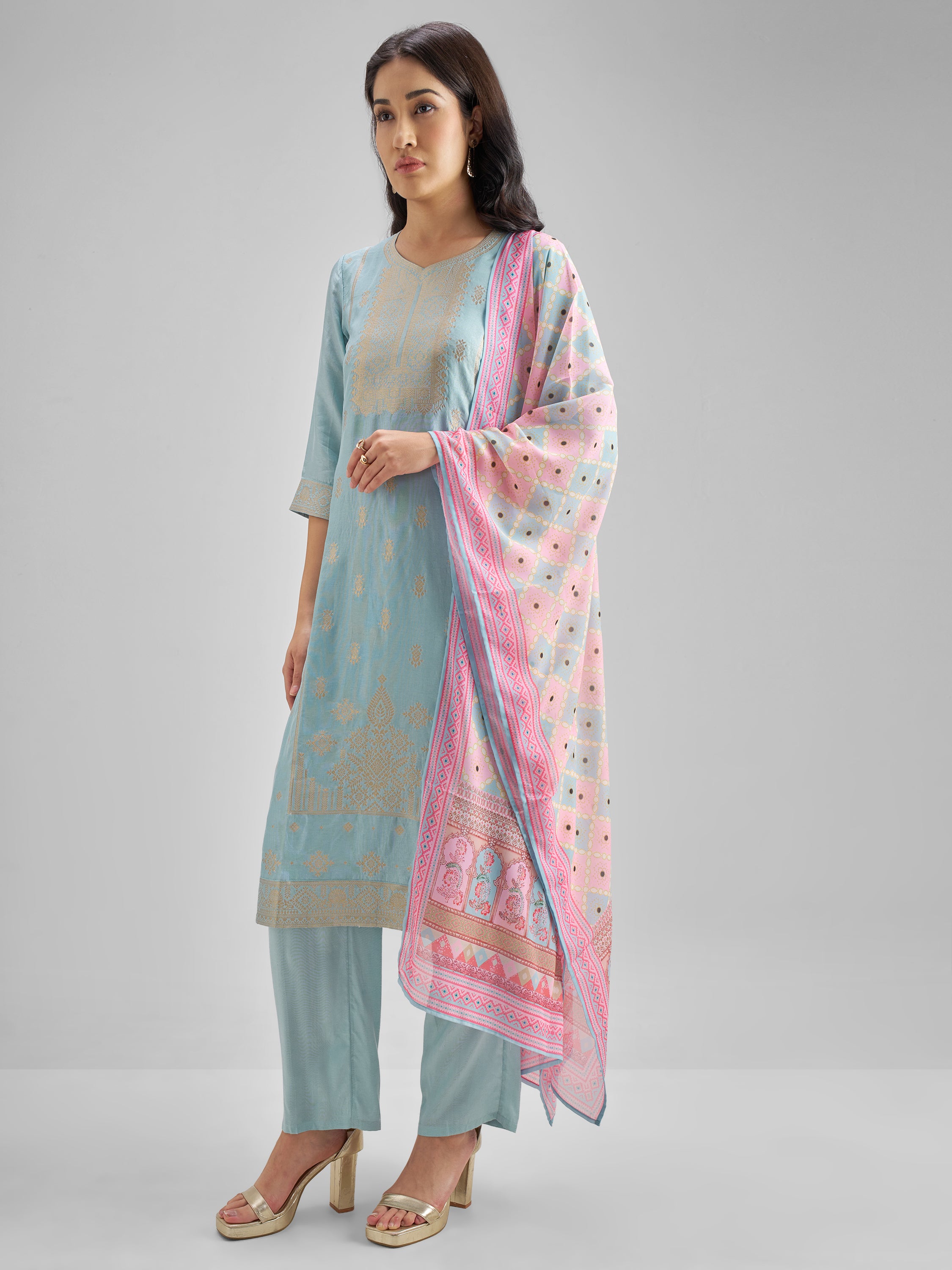 Vishudh Women Blue Embroidered Kurta With Trousers And Dupatta - Blue - Image 2