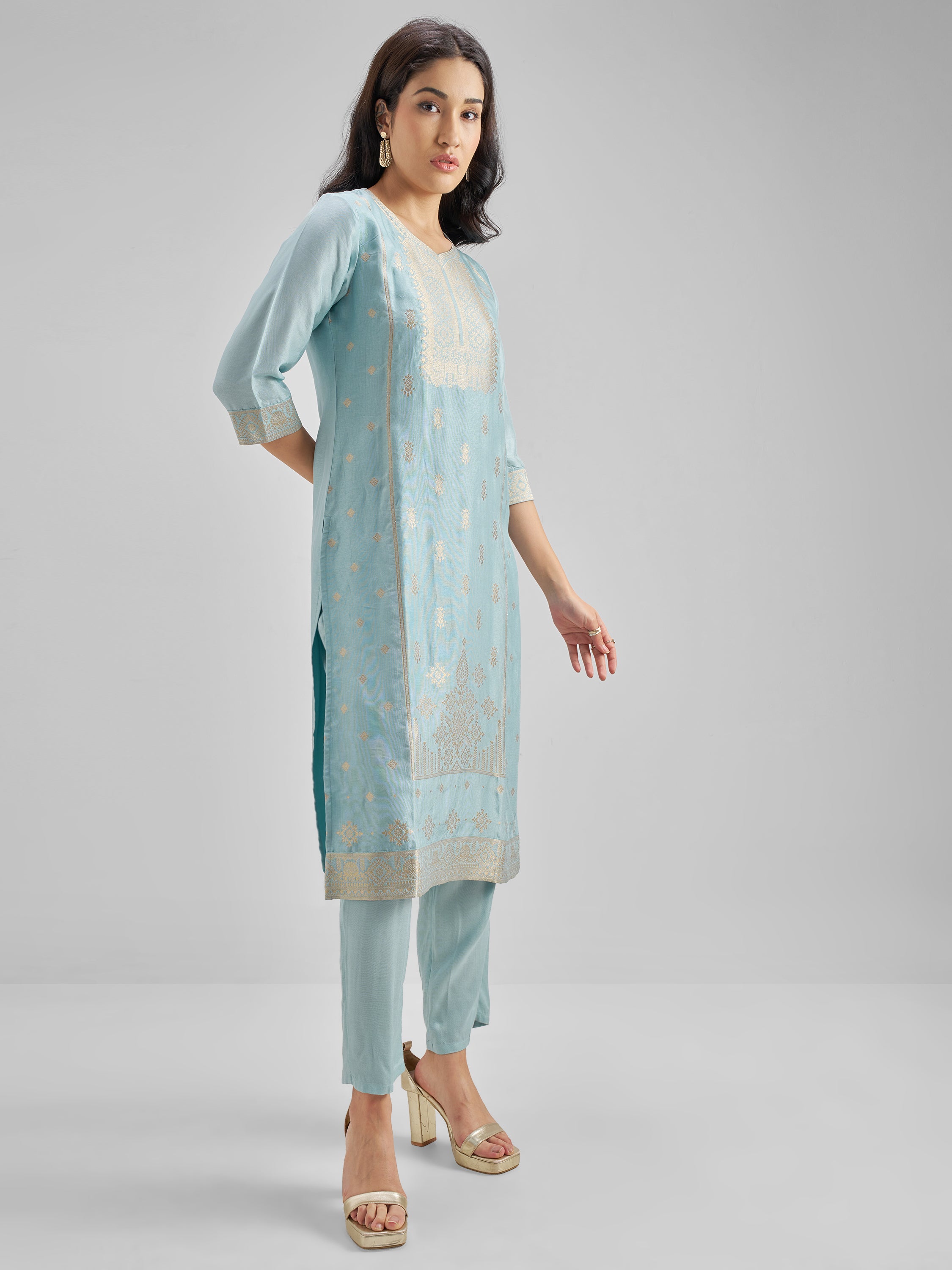 Vishudh Women Blue Embroidered Kurta With Trousers And Dupatta - Blue - Image 4