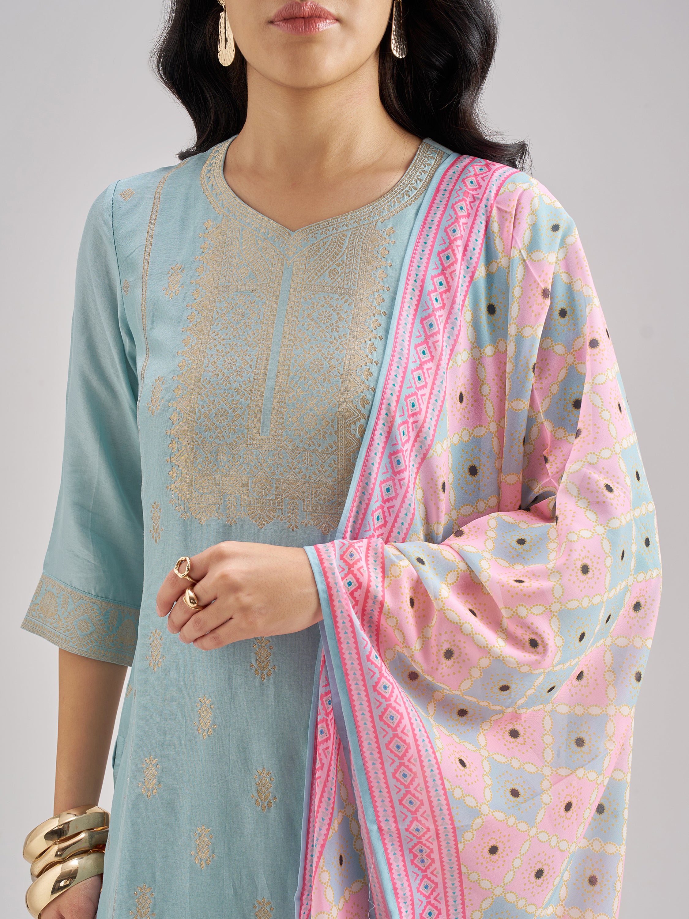Vishudh Women Blue Embroidered Kurta With Trousers And Dupatta - Blue - Image 5