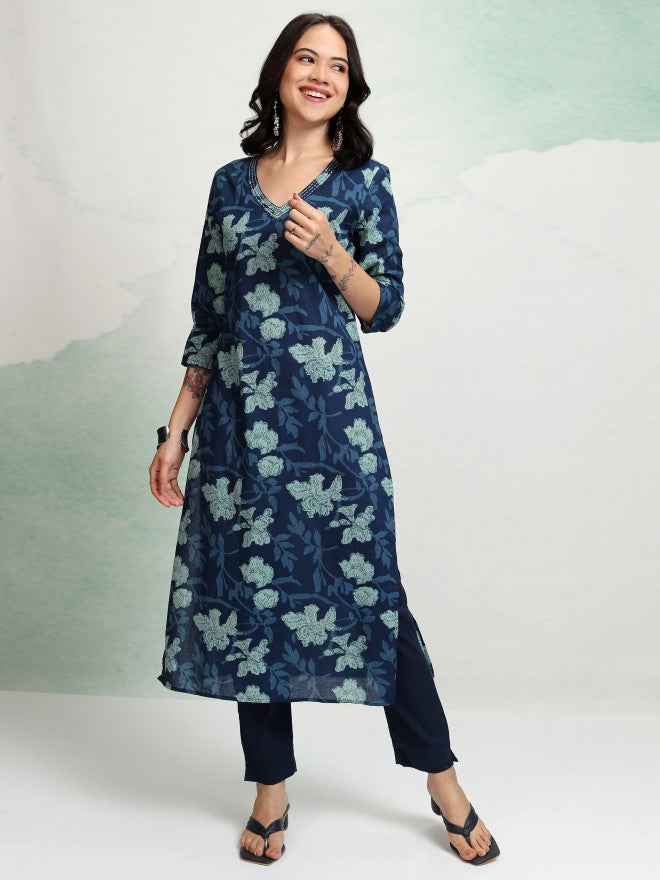 Vishudh Women Navy Blue Printed Straight Kurta - Navy Blue - Image 2