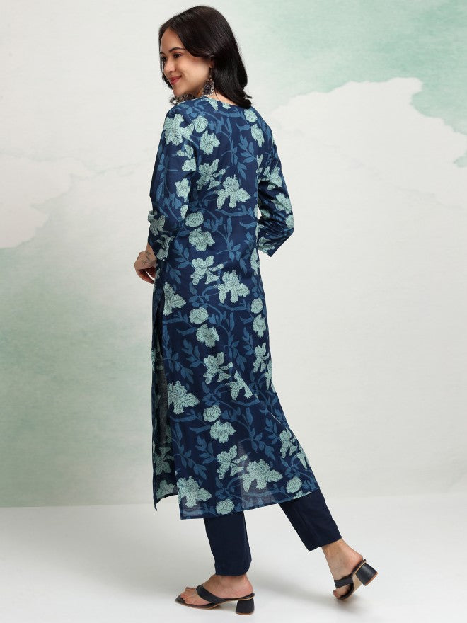 Vishudh Women Navy Blue Printed Straight Kurta - Navy Blue - Image 3