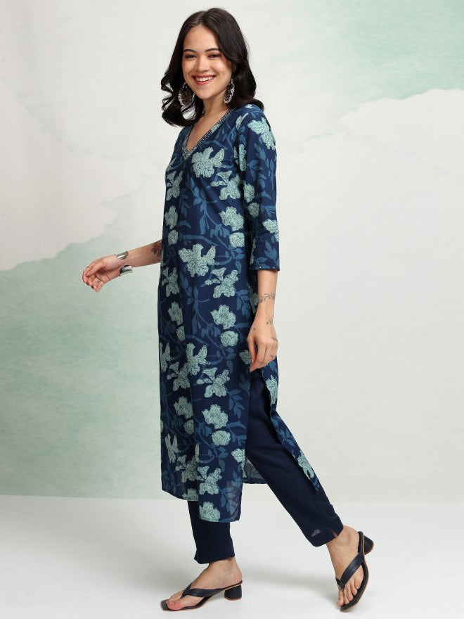 Vishudh Women Navy Blue Printed Straight Kurta - Navy Blue - Image 4