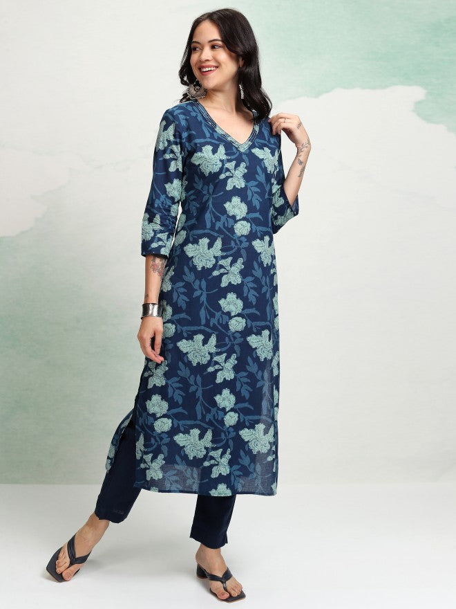 Vishudh Women Navy Blue Printed Straight Kurta - Navy Blue - Image 6