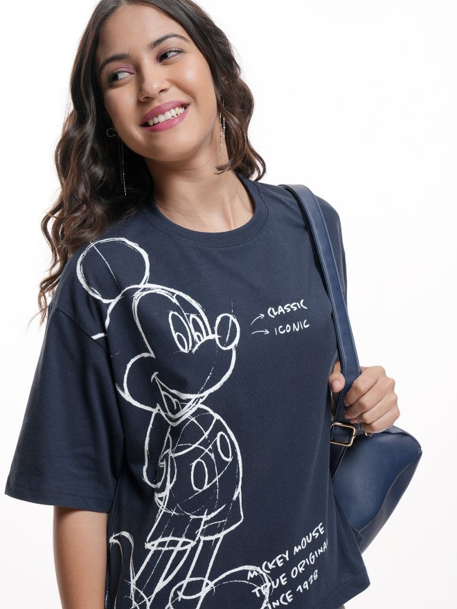 Disney By Tokyo Talkies Women Navy Blue Mickey Mouse Printed Round Neck T-Shirt - Navy Blue - Image 1