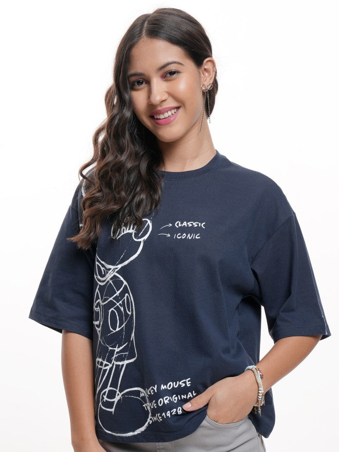 Disney By Tokyo Talkies Women Navy Blue Mickey Mouse Printed Round Neck T-Shirt - Navy Blue - Image 4