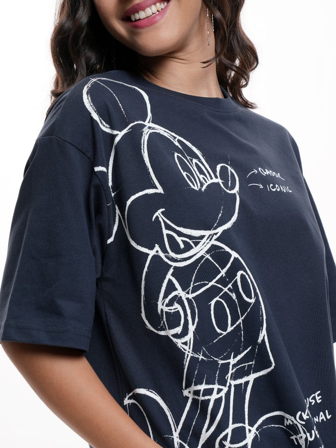 Disney By Tokyo Talkies Women Navy Blue Mickey Mouse Printed Round Neck T-Shirt - Navy Blue - Image 5