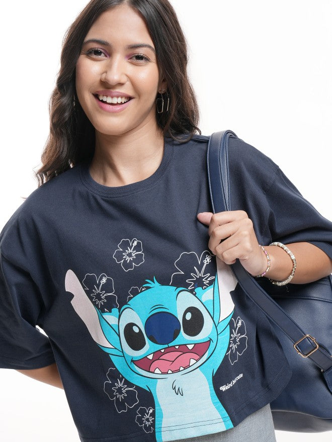 Disney By Tokyo Talkies Women Navy Blue Stitch Printed Round Neck T-Shirt - Navy Blue - Image 1