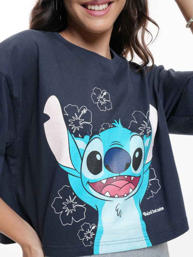 Disney By Tokyo Talkies Women Navy Blue Stitch Printed Round Neck T-Shirt - Navy Blue - Image 5