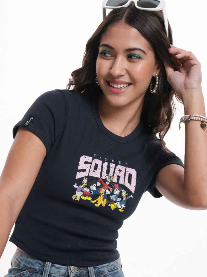 Disney By Tokyo Talkies Women Navy Blue Mickey Mouse Printed Round Neck T-Shirt - Navy Blue - Image 1