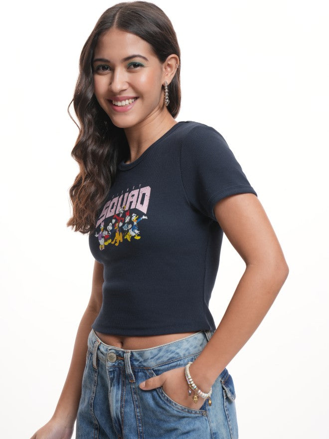 Disney By Tokyo Talkies Women Navy Blue Mickey Mouse Printed Round Neck T-Shirt - Navy Blue - Image 4