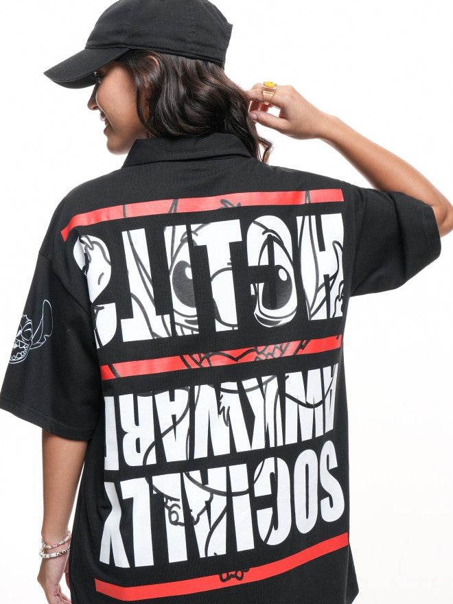 Disney By Tokyo Talkies Women Black Stitch Printed Polo Collar Oversized Fit T-Shirt - Black - Image 1