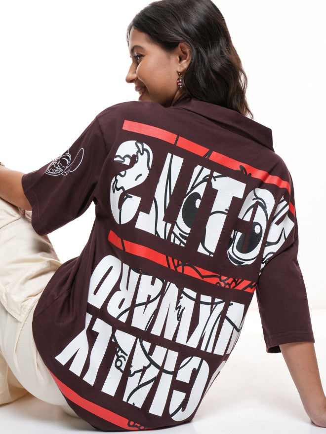 Disney By Tokyo Talkies Women Brown Stitch Printed Polo Collar Oversized Fit T-Shirt - Brown - Image 1