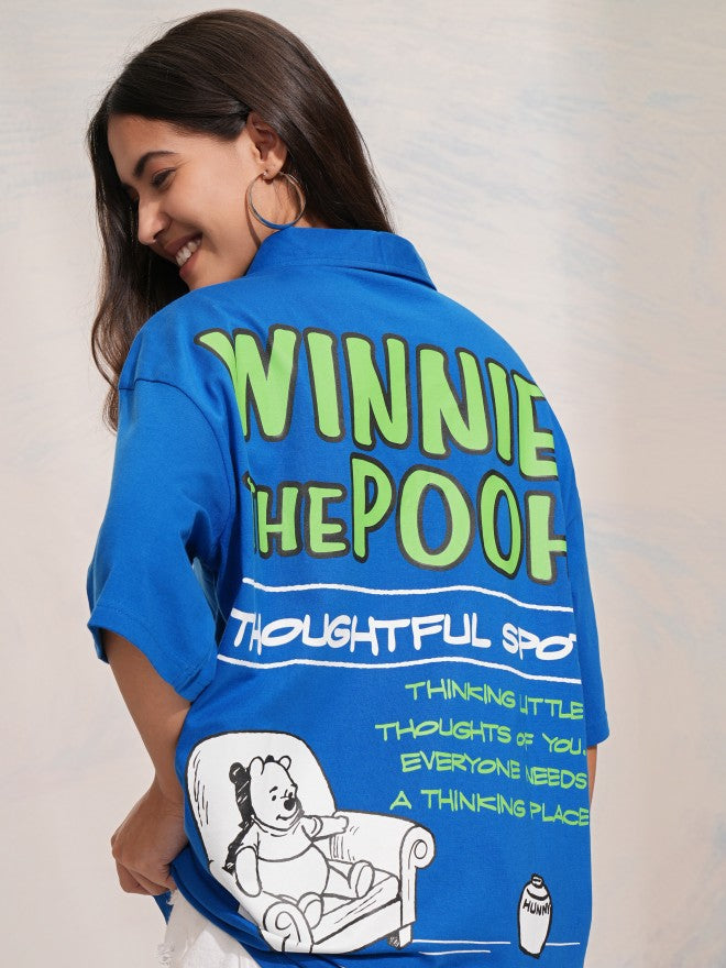 Disney By Tokyo Talkies Women Blue Winnie The Pooh Printed Polo Collar Oversized Fit T-Shirt - Blue - Image 1