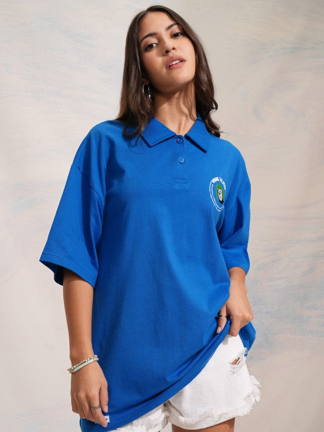 Disney By Tokyo Talkies Women Blue Winnie The Pooh Printed Polo Collar Oversized Fit T-Shirt - Blue - Image 3