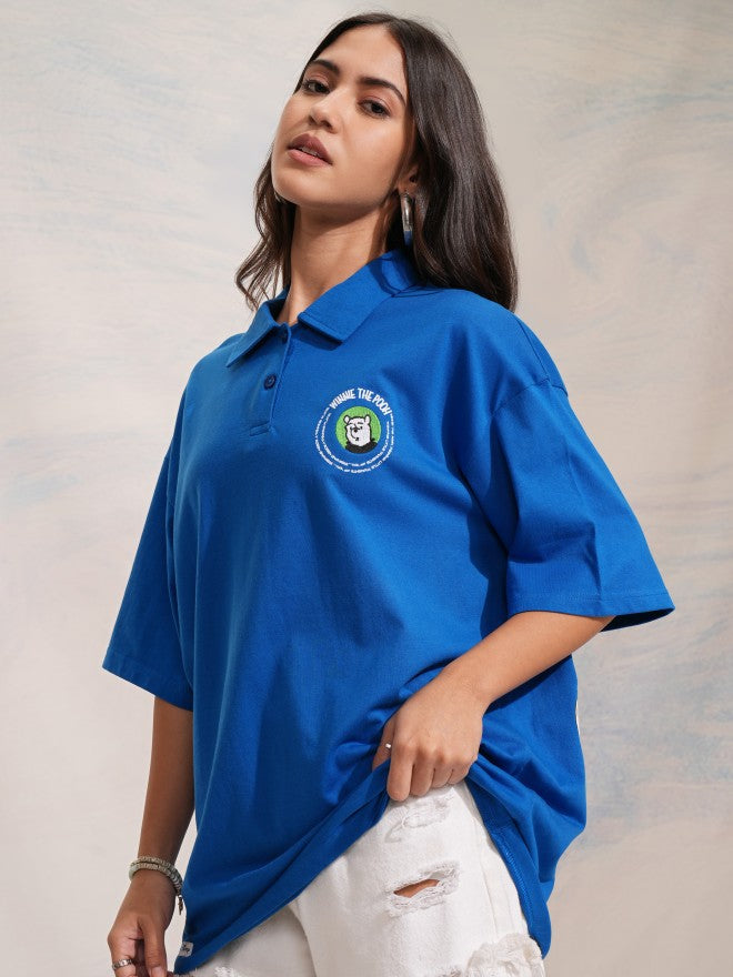 Disney By Tokyo Talkies Women Blue Winnie The Pooh Printed Polo Collar Oversized Fit T-Shirt - Blue - Image 4