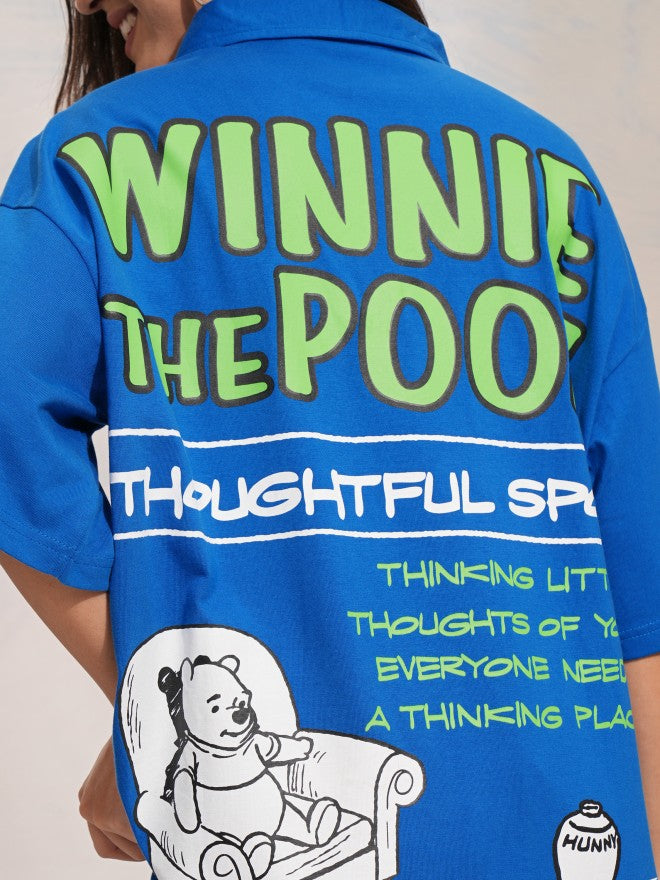 Disney By Tokyo Talkies Women Blue Winnie The Pooh Printed Polo Collar Oversized Fit T-Shirt - Blue - Image 5