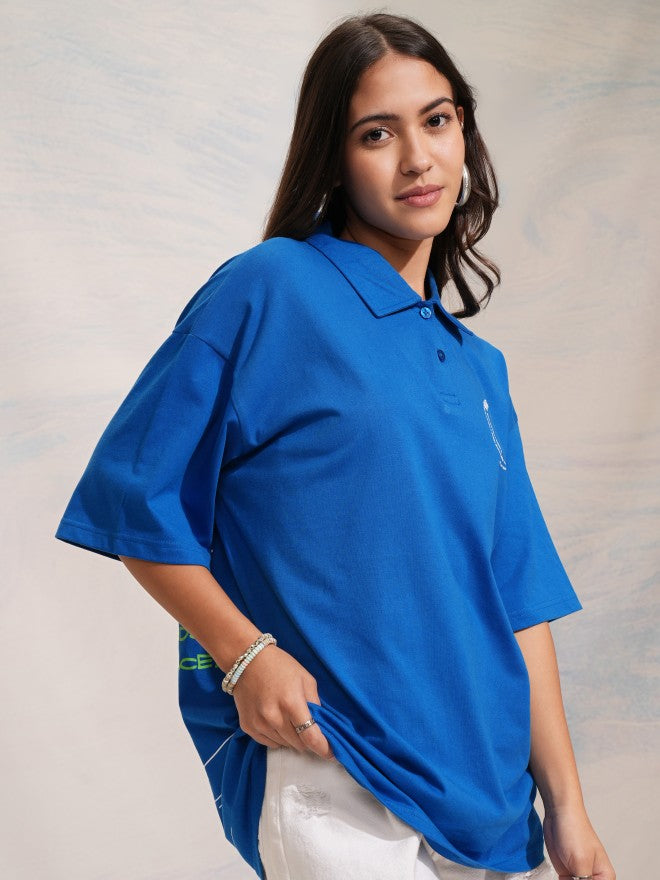 Disney By Tokyo Talkies Women Blue Winnie The Pooh Printed Polo Collar Oversized Fit T-Shirt - Blue - Image 6