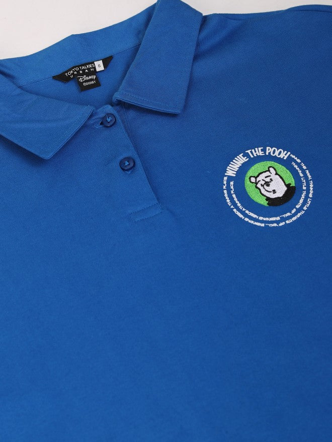 Disney By Tokyo Talkies Women Blue Winnie The Pooh Printed Polo Collar Oversized Fit T-Shirt - Blue - Image 7