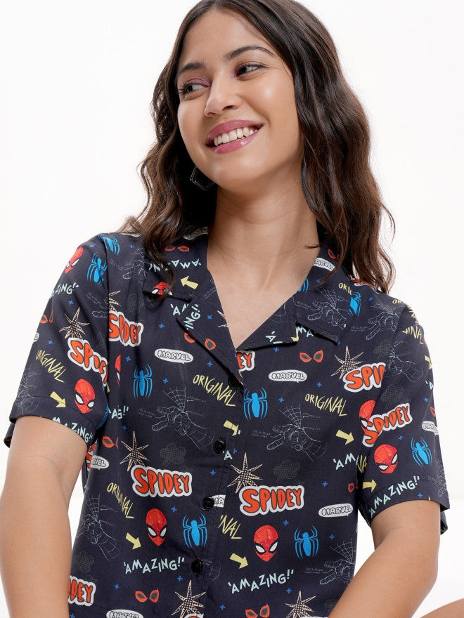 Marvel By Tokyo Talkies Women Navy Blue Spider-Man Printed Casual Shirt - Navy Blue - Image 1