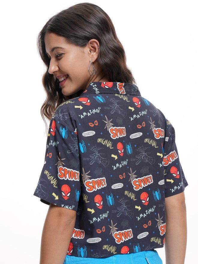 Marvel By Tokyo Talkies Women Navy Blue Spider-Man Printed Casual Shirt - Navy Blue - Image 3