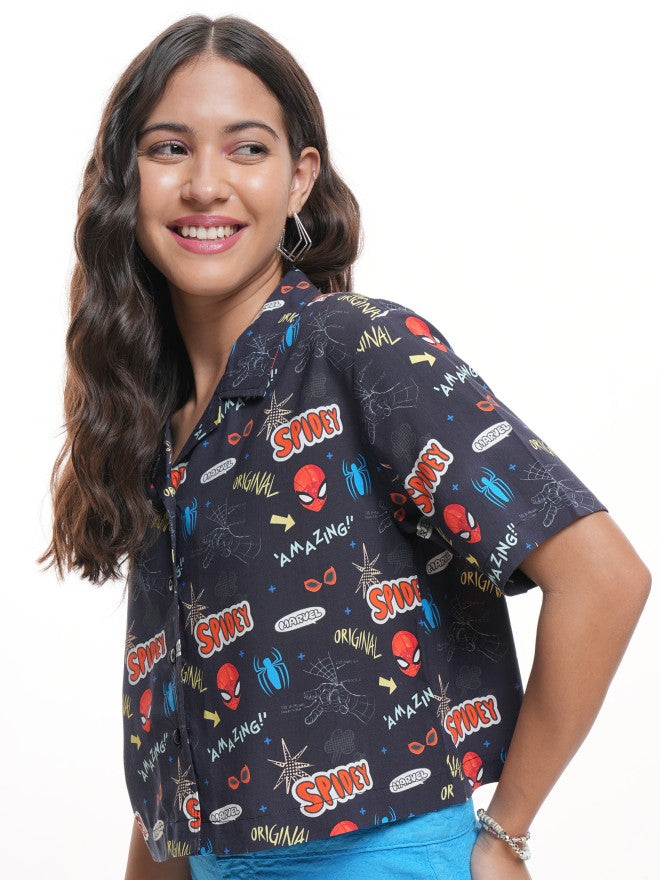 Marvel By Tokyo Talkies Women Navy Blue Spider-Man Printed Casual Shirt - Navy Blue - Image 4
